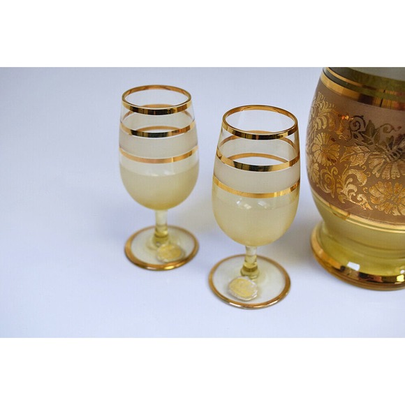 Bohemian Glass Czechoslovakia Gold Boho MCM Decanter/Pitcher + Glasses w/Labels - Picture 5 of 12
